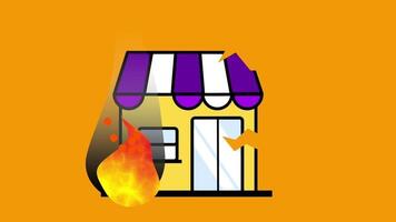 A vibrant small shop with flames suggests economic turmoil, destruction, or a dramatic metaphor for business struggles in a heated environment video
