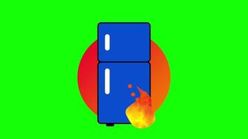 Blue refrigerator in flames, conveying unexpected disaster or humorous take on malfunctioning appliances in exaggerated visual style video