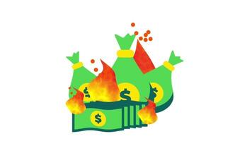 Several flaming money bags and bills represent financial instability and inflation affecting savings and overall wealth security video