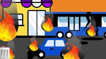 A storefront and vehicle are consumed by flames, illustrating a chaotic street scene with fiery destruction and emergency implications video