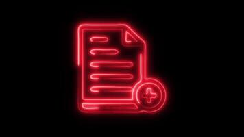 Glowing neon Add Document icon isolated on black background motion graphic animation video