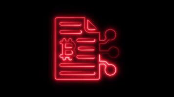 Glowing neon Bitcoin Document icon isolated on black background motion graphic animation video
