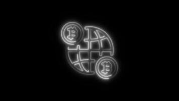 Glowing neon Bitcoin Global Banking icon isolated on black background motion graphic animation video