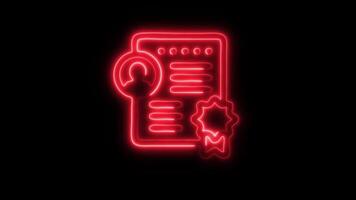 Glowing neon Certificate icon isolated on black background motion graphic animation video