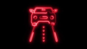 Glowing Car on Road Icon and Symbol in HD Neon Animation on Black Background video