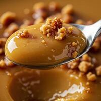 A spoon with a spoon of caramel sauce on it photo