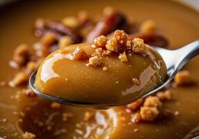 A spoon full of caramel with nuts on top photo