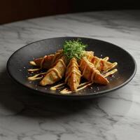 A plate with food on it sitting on a marble table photo