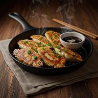 Fried chicken in a skillet with sauce and chopsticks photo