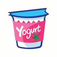 Cartoon illustration of a yogurt cup with a pink wrapper and blue lid vector