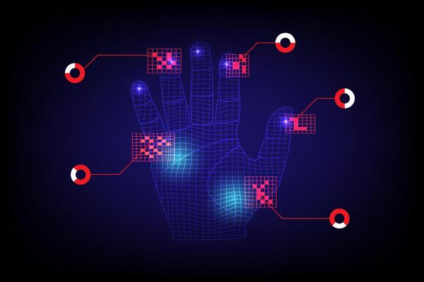 Hand Hi-Tech scan Nets over and deep the bright light with blue gradient background, digital technology concept