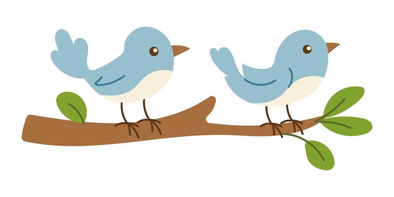 Two birds are perched on a branch. The birds are blue and white. The branch is green and brown