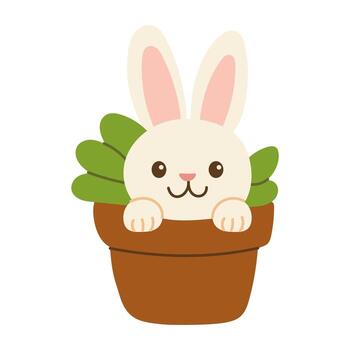 A cartoon rabbit is in a pot with green leaves. The rabbit is smiling and looking at the camera vector