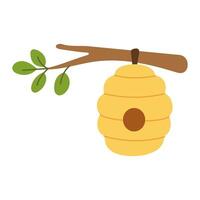 A yellow honeycomb with a leaf on it. The honeycomb is hanging from a branch vector