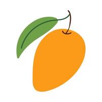 A cartoon drawing of a ripe mango with a green leaf on top. The mango is a bright orange color and the leaf is a vibrant green. The drawing is simple and playful vector