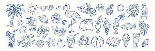 A blue and white drawing of a beach scene with various items such as a flamingo, a camera, a cup, a bottle, a hat, a ball, and a fish vector