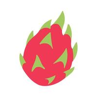 A cartoonish drawing of a dragon fruit with green leaves. The fruit is a vibrant red color with green accents. The image is playful and whimsical, with the dragon fruit appearing as a friendly vector