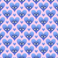 Seamless pattern featuring mystical eyes within pink gradient hearts , combining boho and surreal elements for unique design projects. vector