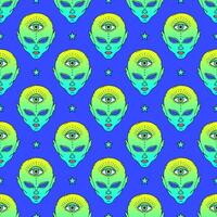 Seamless pattern of neon green alien faces with a third eye, stylized in a psychedelic pop art style. vector