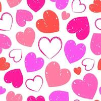 Seamless pattern of textured hearts in various shades of pink and red on a white background. vector