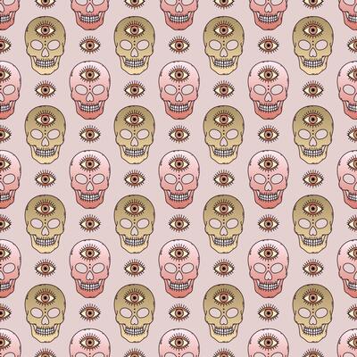 Seamless pattern with skulls with a third eye, stylized in pop art style.