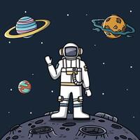 Astronaut waving on the moon with the planets in the background vector
