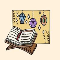 Illustration of an Open Koran on a Stand with a Vintage Lantern in the Background vector