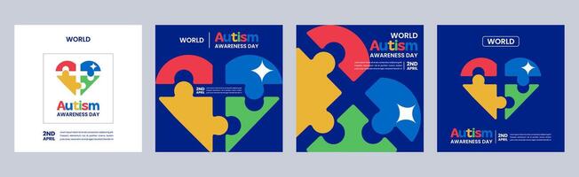 World autism awareness day illustration editable, Colorful puzzle formed into the shapes of a heart and shine sign, autism love concept for set of banner and background templates vector