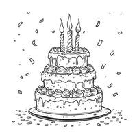 Hand-drawn sketch of a layered birthday cake with flowing icing and lit candles vector