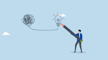 Creativity to solve problem, 4k animation of business man draw lightbulb from messy knot. video