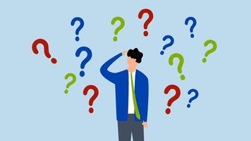 Ask questions, 4k animation of contemplation businessman thinking with question marks. video