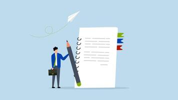 Write note on notebook paper, 4k animation of business man holding pencil writing message on notebook paper. video