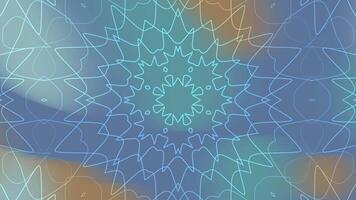 An intricate starburst pattern resembling a mandala with white concentric lines, set against a blue and teal gradient background with hints of beige. The design creates a calming, modern effect. video