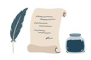 Scroll paper and inkstand with a quill pen isolated on a white background. hand-drawn illustration in flat style. Perfect for decorations, logo, various designs. vector