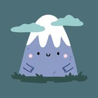 Cute mountain with a snow-covered peak and clouds. hand-drawn illustration in a flat style. Perfect for decorations, cards, logo, various designs. Kawaii character. vector
