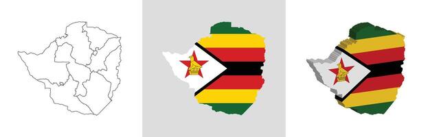 Zimbabwe outline, fill with flag and 3d map vector