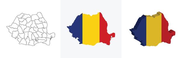 Romania outline, fill with flag and 3d map vector