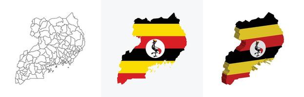 Uganda outline, fill with flag and 3d map vector