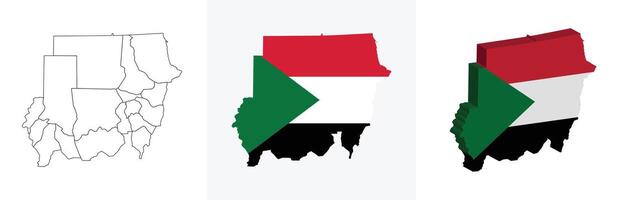 Sudan outline, fill with flag and 3d map vector