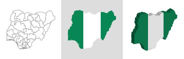 Nigeria outline, fill with flag and 3d map vector