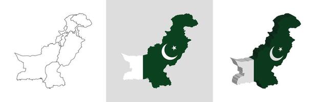 Pakistan outline, fill with flag and 3d map vector