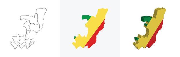 Republic of Congo outline, fill with flag and 3d map vector