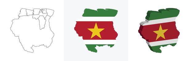 Suriname outline, fill with flag and 3d map vector