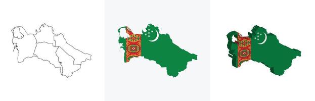 Turkmenistan outline, fill with flag and 3d map vector