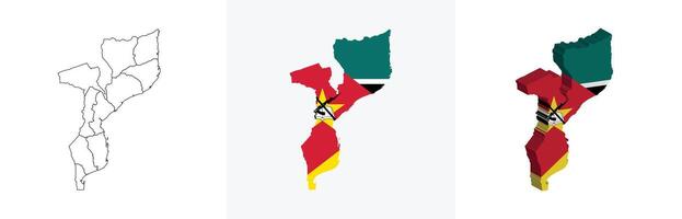 Mozambique outline, fill with flag and 3d map vector