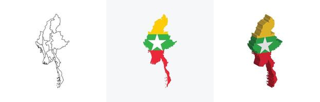 Myanmar outline, fill with flag and 3d map vector