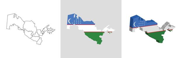 Uzbekistan outline, fill with flag and 3d map vector