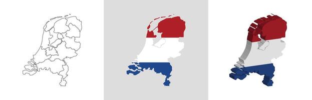 The Netherlands outline, fill with flag and 3d map vector