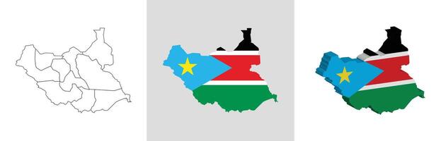 South Sudan outline, fill with flag and 3d map vector