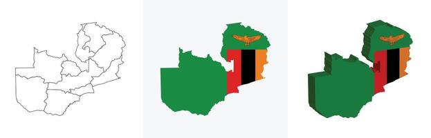 Zambia outline, fill with flag and 3d map vector